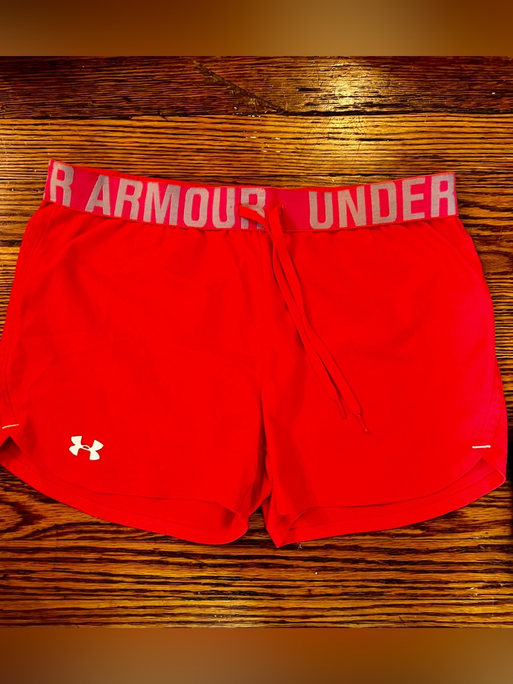 Under Armour Women’s Bright Red Athletic Shorts with Logo Waistband